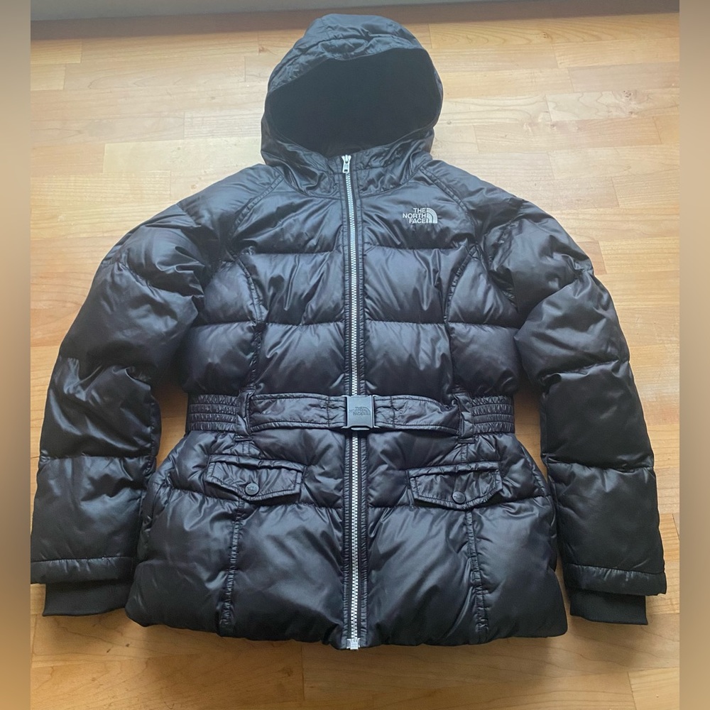 Girls Black Northface Coat with belt and hood